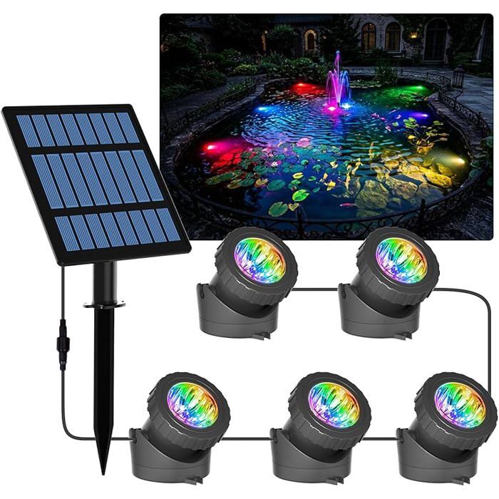Lampe de Bassin Solaire 5 packs Projecteurs LED Submersibles Lumières Sous-Marine Éclairage Extérieur Spots Solaire  PROJECTEUR
