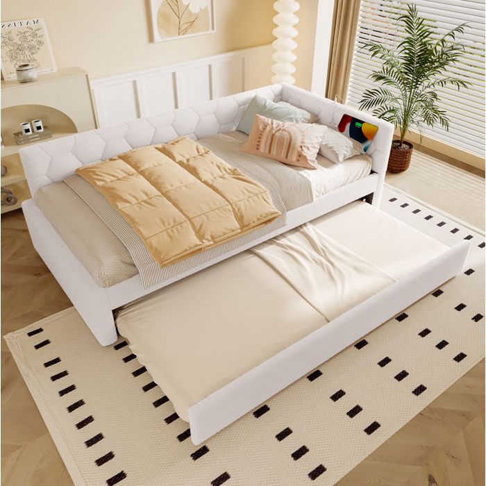 Lit de jour gigogne 90 x 200 cm - USB USB-C lampe integree sommier a lattes tissu boucle blanc