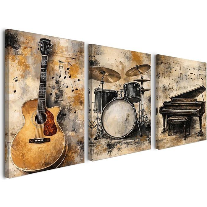 Lot de 3 tableaux muraux pour salon 30 x 40 cm Avec cadre Musique Impression HD Avec crochet et Thème musical