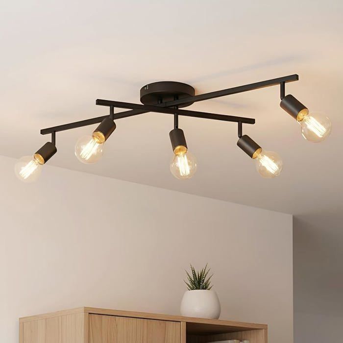 Pfonnier LED 5 Spots E27 Luminaires Chambre Rotatif Noir Spot Pfond Lustre Salon Socle Rond Noir Abat jour Court