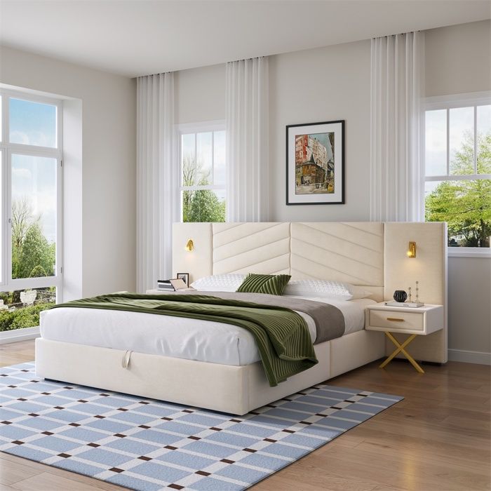 Lit Coffre 160x200cm - Lit 160x200 avec Sommier - Lit Double avec 2 Bancs Latéraux et Éclairage LED - Lit Adulte en Velours Beige