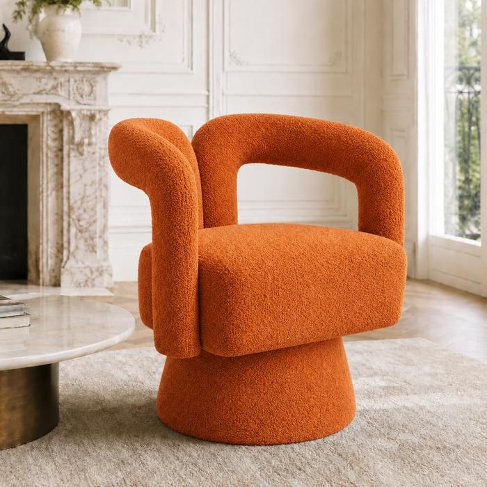 WOVREO Fauteuil pivotant 360° bouclette orange avec accoudoirs base métallique assise confortable