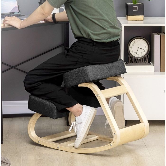 Chaise de bureau ergonomique à genoux réglable 120 kg - MEUNIQ - posture bois de bouleau polyester - noir