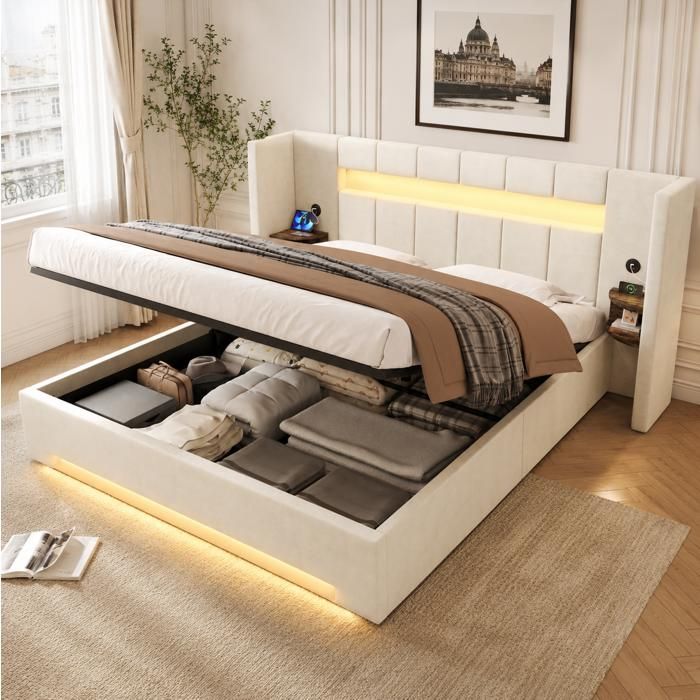 Modenuit cadre de lit coffre 160 x 200 cm en velours beige avec USB LED rangements lateraux et sommier a lattes