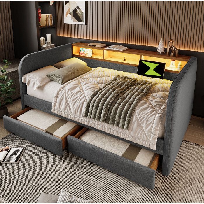 Lit Banquette Double 140×190 cm LED USB Type-C et 2 tiroirs - ELVMI - sans matelas lin gris