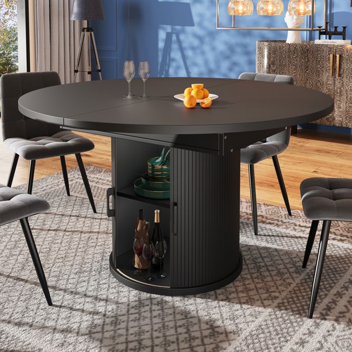 Table à manger extensible ronde 118-158 cm avec rangement intégré ovale noire en MDF jusquà 6 personnes ORVRYN
