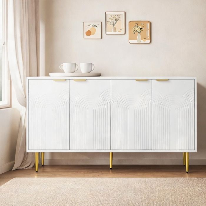 Meuble de rangement 160 cm 4 portes soft white et doré style contemporain MDF