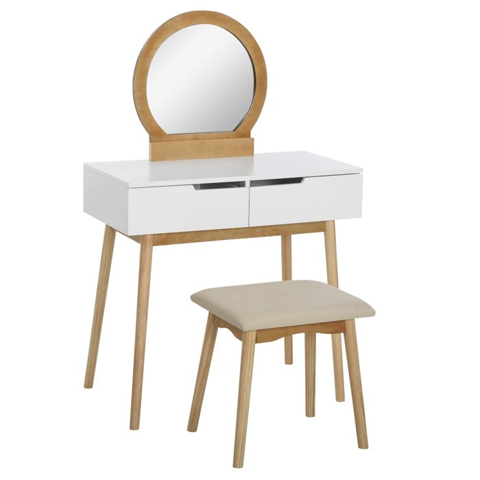 Coiffeuse Design scandinave Table de Maquillage avec Miroir 2 tiroirs et Tabouret Blanc pin Clair