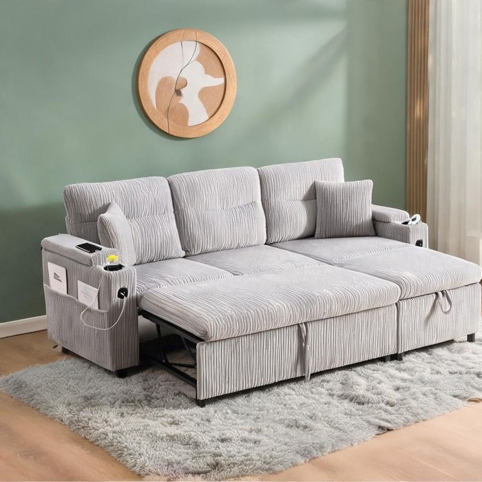 Canapé convertible 3 places en velours côtelé slate gray avec méridienne relevable lit tiroir et accoudoirs range-tout – 212 5 cm