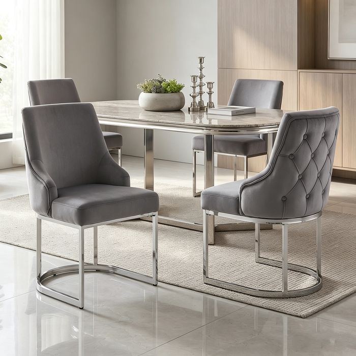 Chaise Salle à Manger  Lot de 4 Chaise Cuisine en Velours Moderne Pieds de Chaise Plaqués Argent Tissu Velours Gris + Argent