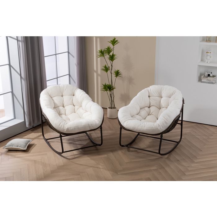 Fauteuil A Bascule Rotin Blanc Rocking Chair Exterieur FloraGrace Pour Jardin Ou Salon Coussin Rembourre 78x106x90cm
