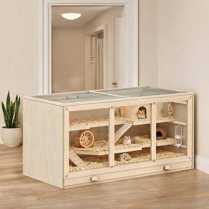 Cage dintérieur 2 niveaux en bois massif effet naturel pour hamsters nains et gerbilles toit ouvrant et porte verrouillable 115