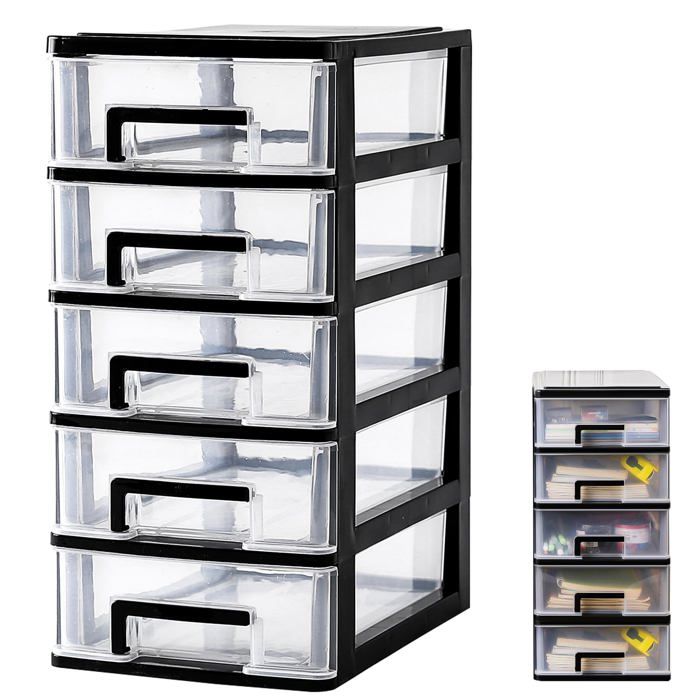 Commode en plastique avec 5 tiroirs rangement empilables armoire transparente boîte de rangement avec compartiments pour bureau