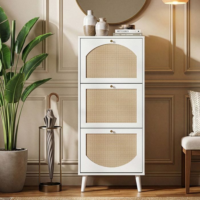 Meuble à Chaussures - ALIGHTUP - 3 Portes Inclinables en Osier Blanc 54 x 24 x 135 cm