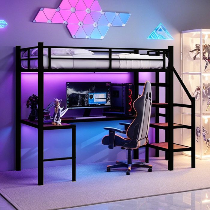 Lit mezzanine en métal noir avec bureau en L et rangements - 90 x 190 cm