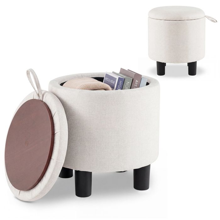 Tabouret 48L COSTWAY avec Espace de Rangement - Couvercle Réversible Amovible en Tissu Lin Charge160 KG Ø38x H42 CM Beige Tabouret 48L COSTWAY avec Espace de Rangement - Couvercle Réversible Amovible en Tissu Lin Charge160 KG Ø38x H42 CM Beige