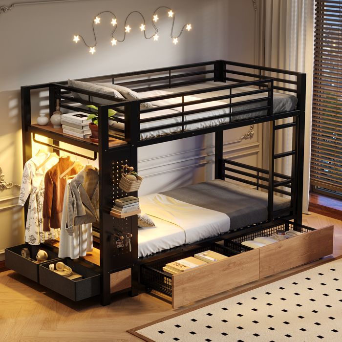 Lit superposé noir 90x200cm - métal renforcé 4 tiroirs rangements LED panneau perforé barre de suspension norme EN747 sans matelas