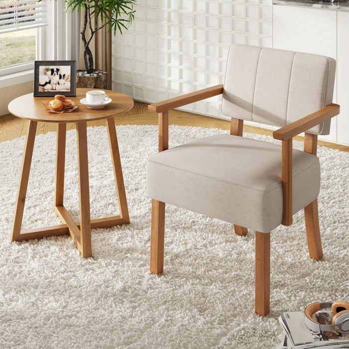 Fauteuil accent lin beige rayures verticales 50s lecture salon