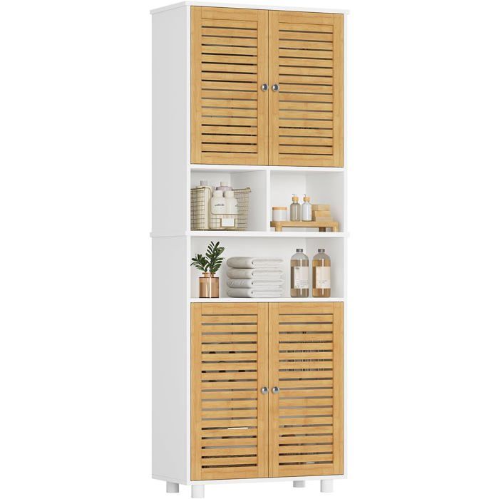 Meuble Colonne Salle de Bain Armoire Haute 3 Étagères Réglables 4 Portes en Bambou 60x30x170 cm Rangement Cuisine/Salon