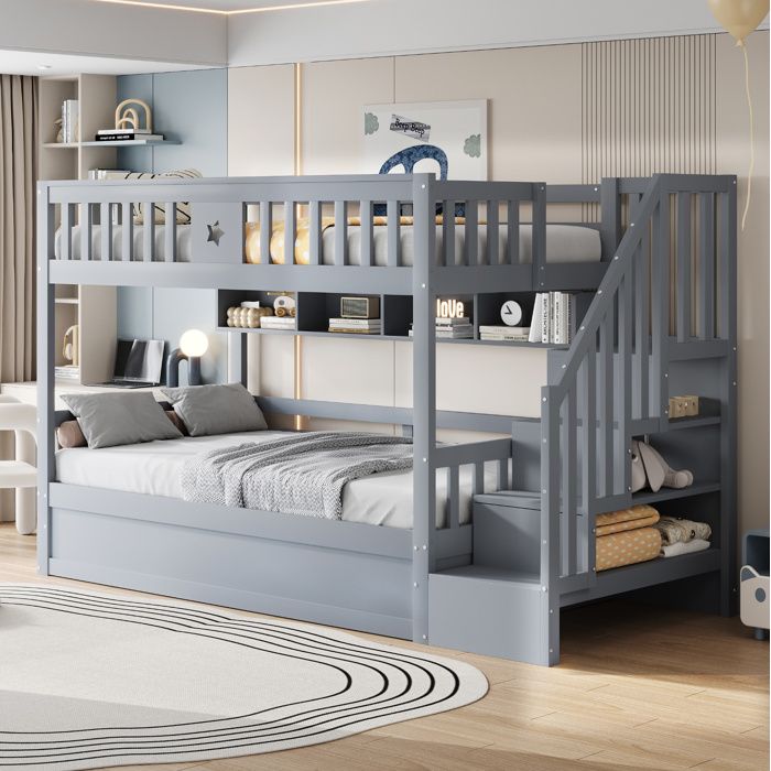 Lit superposé 90 x 200 cm avec rangement intégré escalier de rangement garde-corps hauts bois gris JOINERY