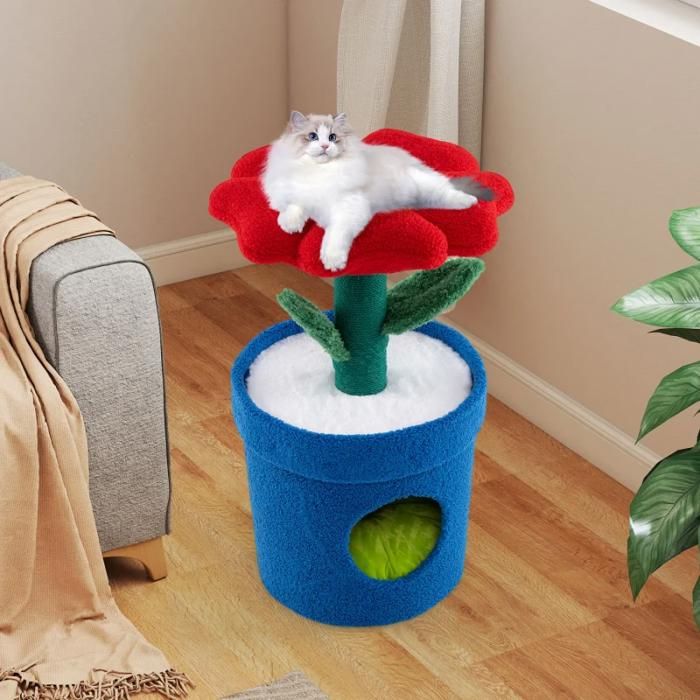 Arbre à chat fleur rouge 28.5 - design pot de fleur perchoir moelleux condo griffoirs sisal feuilles sonores coussin lavable