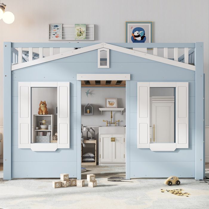 Lit mezzanine enfant 90x200 bleu et blanc avec échelle réversible espace sous lit structure bois et MDF JOINERY