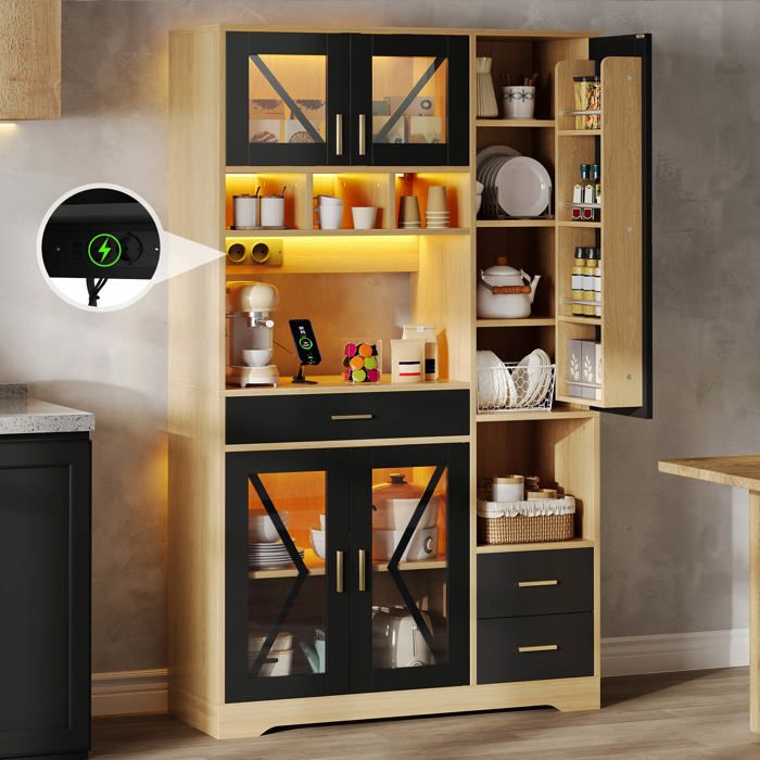 Buffet de cuisine 105x40x185 cm Noir Naturel MDF avec LED et portes en verre