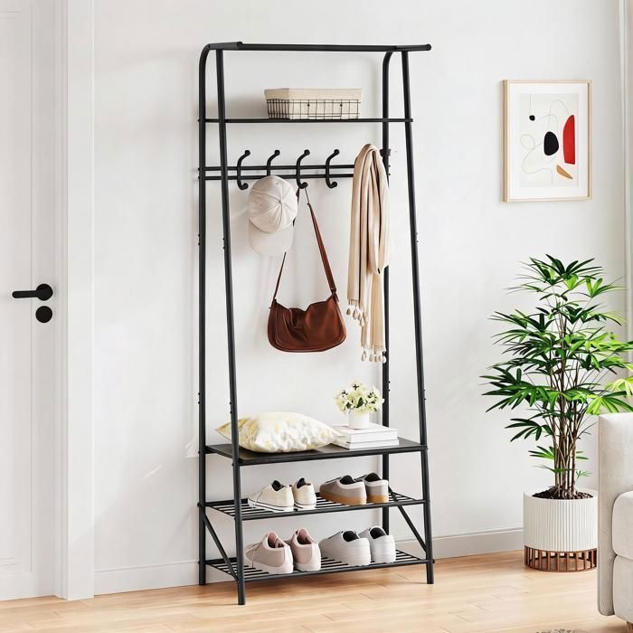 Vestiaire dentrée multifonction noir – Banquette à chaussures 5 patères alignés étagère – Structure métal et bois – Hall couloir