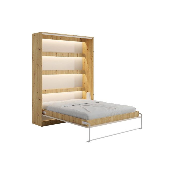 Lit escamotable 140 x 200 cm - Ouverture verticale manuelle - Beige et naturel - RAPILI