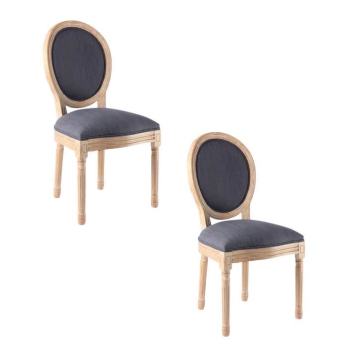 chaises - lot de 2 chaises médaillon en bois et tissu - gris anthracite/beige - h 96 x l 49 x p 56 cm