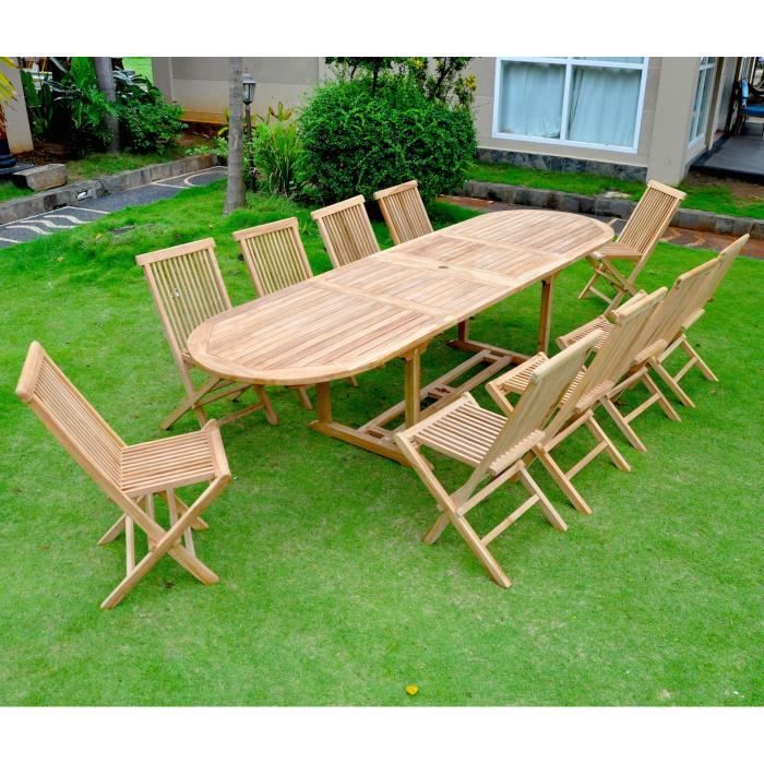KAJANG : Salon de jardin Teck massif 10 personnes - Table ovale + 10 chaises