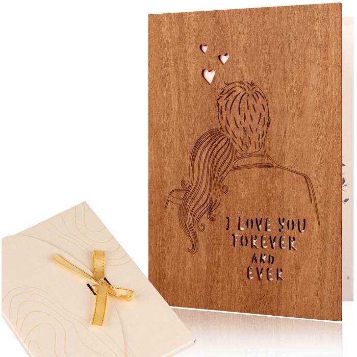 Carte De Félicitations De Mariage En Bois Personnalisée - Cadeau Argent, Écriture Blanche, Design Cœur - 3