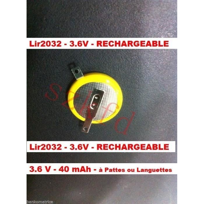 Pile Bouton rechargeable LIR2032 3.6V 40mAh lithium