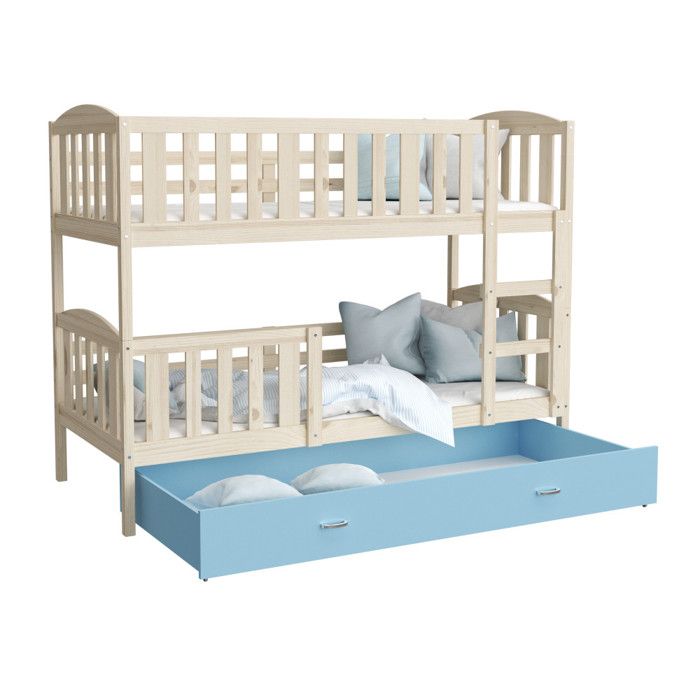 Lit Superposé 3 Places Teo 90x190 gigogne + matelas Pin - bleu Lit Superposé 3 Places Teo 90x190 gigogne + matelas Pin - bleu