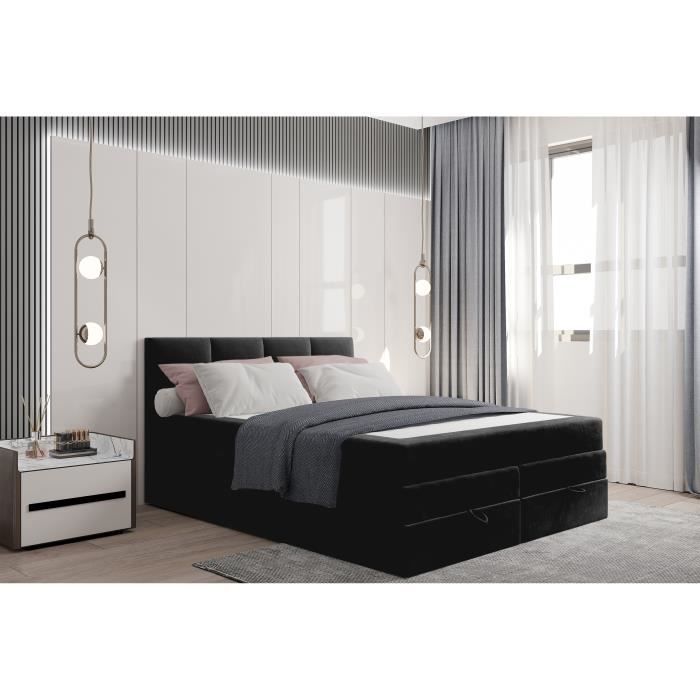 Lit adulte 140x200 cm PRADO avec rangement et matelas ressorts ensachés - tissu velours - noir Lit adulte 140x200 cm PRADO avec rangement et matelas ressorts ensachés - tissu velours - noir