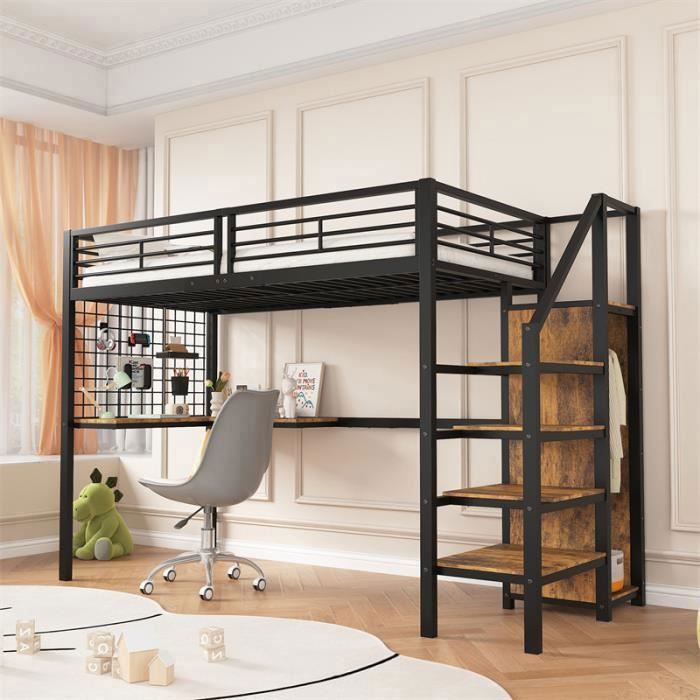 Lit mezzanine - DREAMMESPACE - 90x200cm - Noir + bois foncé - Échelle latérale - Armoire intégrée