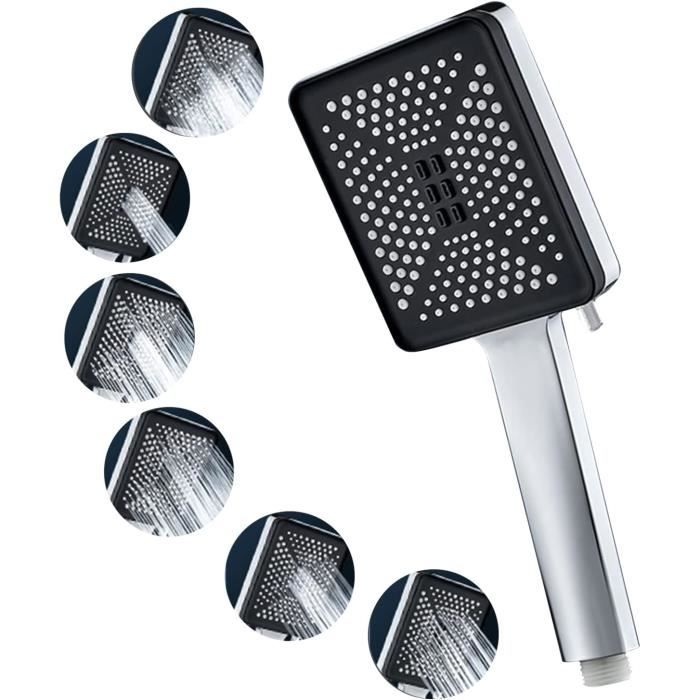 Pommeau De Douche Massant 6 Modes - Avec Tuyau 1,5m - Haute Pression Et économie D'eau - Chrome Noir - 3