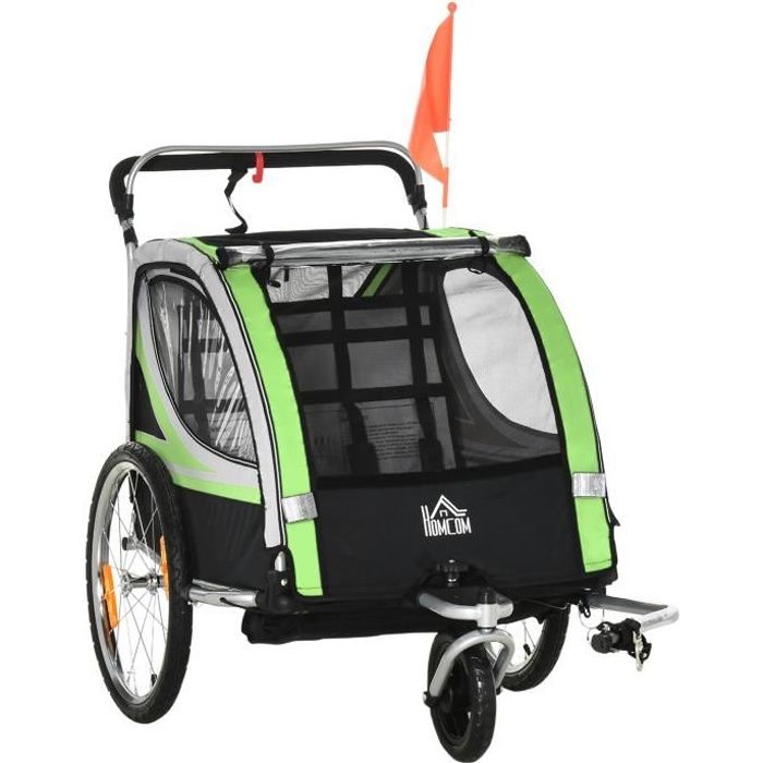 HOMCOM Remorque vélo pour Enfant 2 en 1 Convertible Jogger Poussette  capacité 26,4 kg avec réflecteurs et Drapeau - 2 Places - Vert - Cdiscount  Sport