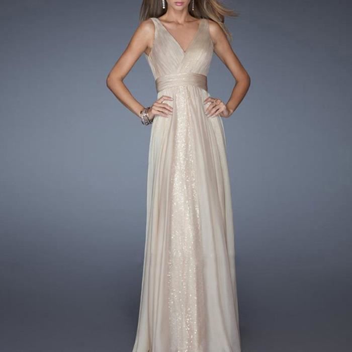 Femmes Robe De Soiree Formelle D Ete Femmes Elegantes Col En V Robes Longues Robe De Club Beige Cdiscount Pret A Porter
