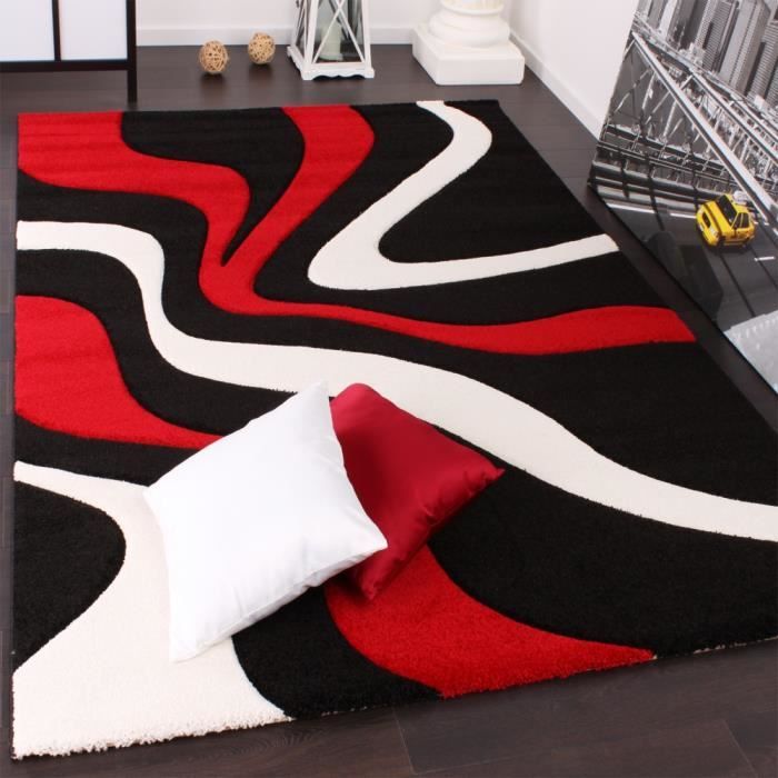 Tapis moderne design - Gris Noir Rouge Crème - 240 x 330 cm - Motif