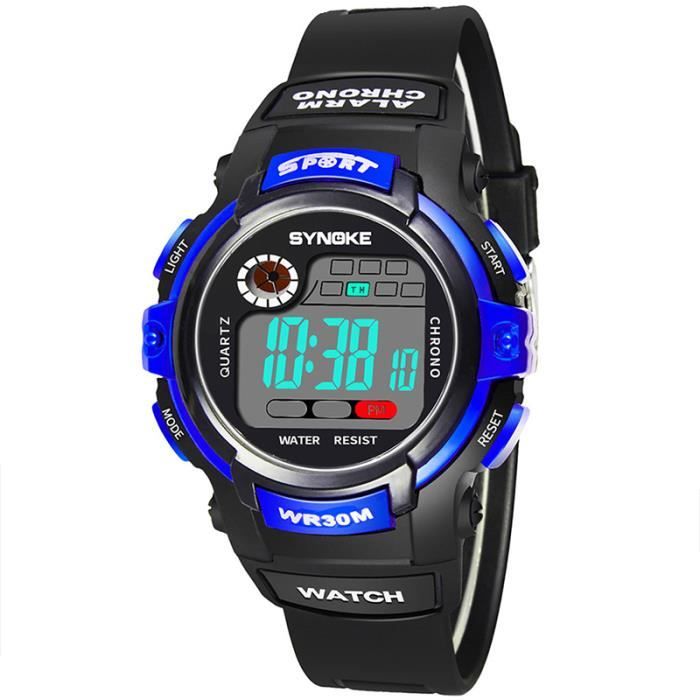 Montre enfant garçon numérique sports LED multifonction chronographe lumineux sangle en plastique étanche étudiant bleu