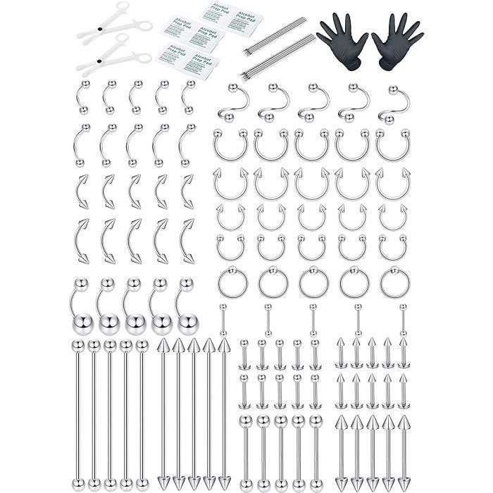 Milacolato 100Pcs Professionnel Piercing Kit Acier Chirurgical 14G 16G
