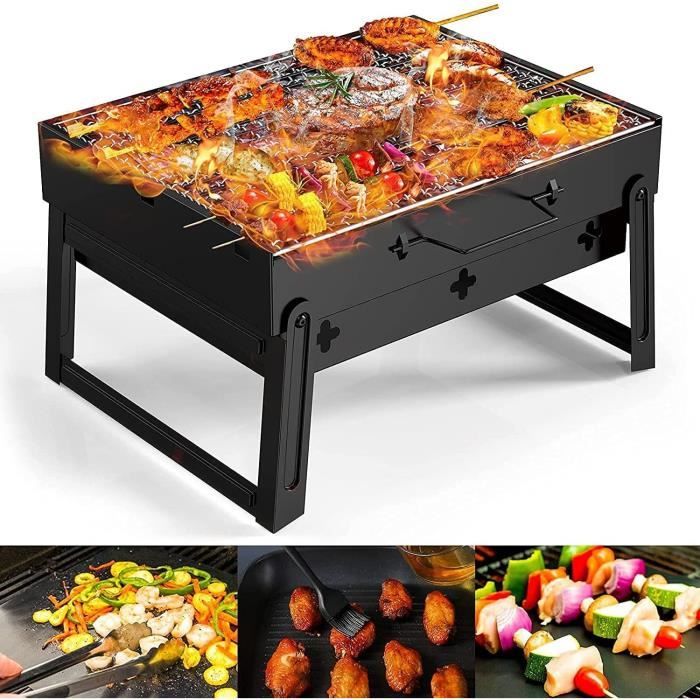 GolWof Barbecue Portable Barbecue Pliable Barbecue à Charbon Camping en Acier Inoxydable Barbecue Grill avec Tapis de BBQ Pince de BBQ et Brosse à Huile Robuste 