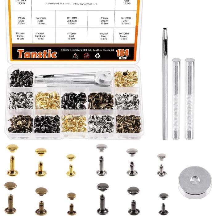 Kit De 184 Rivets En Cuir, 3 Tailles Et 4 Couleurs, Rivets À Double ...
