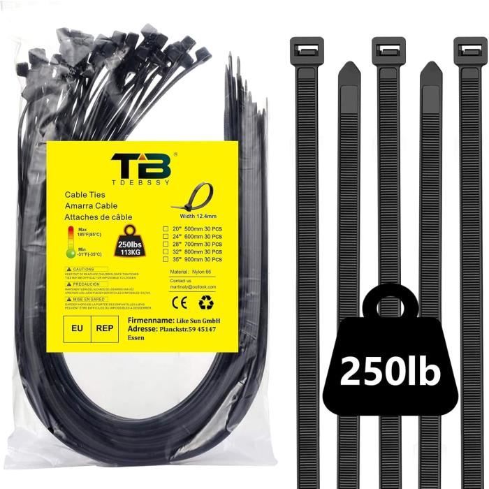 30 Attaches Câble Nylon Noir 500mm X 12.4mm - Serflex Extra Longues Résistance 113kg - Lot