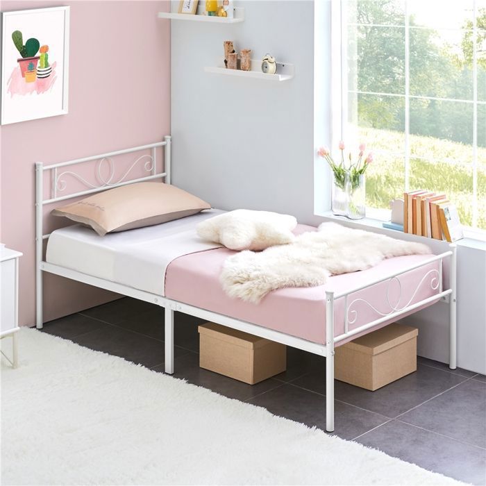 Cadre de Lit Simple 90x200cm-Lit Métallique Minimaliste avec Sommier à Lattes Stable et Durable pour chambre/studio-Blanc-YAHEETECH