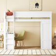 Lit mezzanine 90x200 cm avec équipé d'armoire et bureau, lit mezzanine 1 place avec sommier à lattes et tiroirs, bois massif, blanc-1