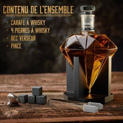 Carafe à Whisky WHISISKEY 1000ml - Coffret Cadeau Avec 2 Verres, 4 Pierres De Refroidissement - Set Dégustation Luxe