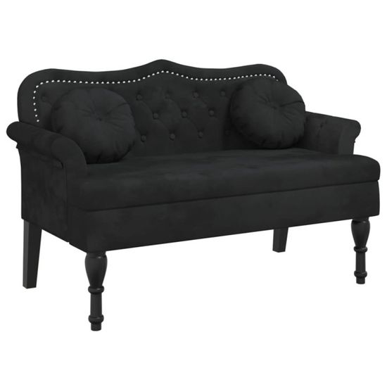 Canapé Banc Velours Noir Avec Dossier Et Accoudoirs - 120cm - Pieds Bois Hévéa - Style Moderne Pour Salon