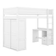 Lit mezzanine 90x200 cm avec équipé d'armoire et bureau, lit mezzanine 1 place avec sommier à lattes et tiroirs, bois massif, blanc-2